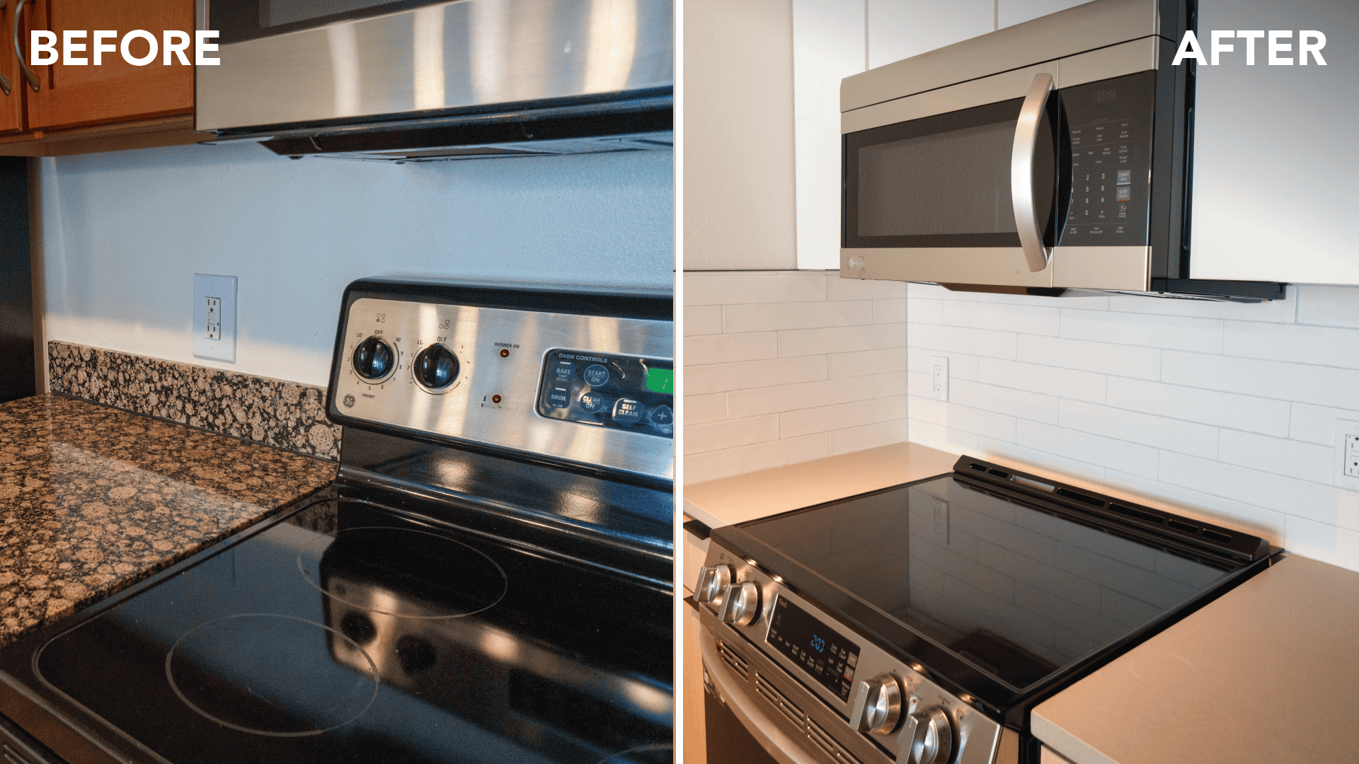 Before and After of kitchen backsplash