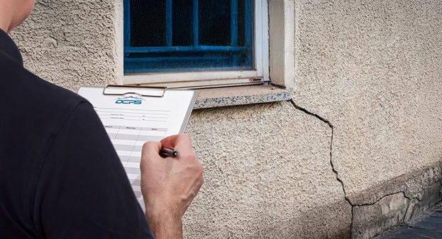 DCPS worker examining crack in stucco