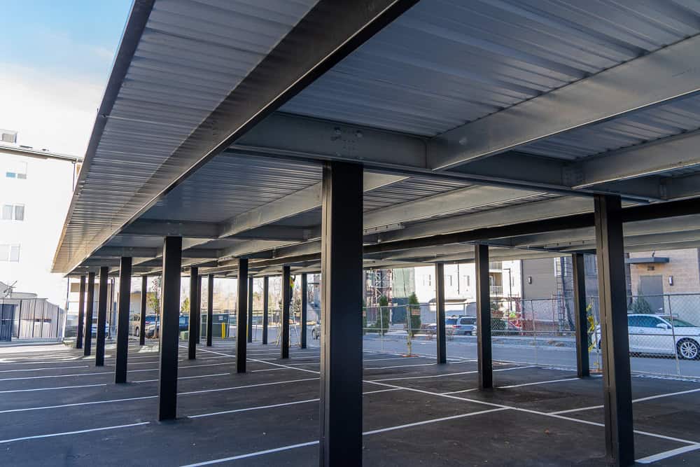 Parking lot area with installed carports